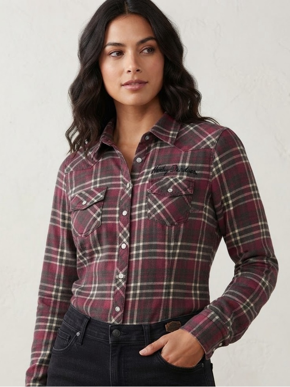 Harley-Davidson Burgundy Plaid Long Sleeve Button-Down Shirt Large